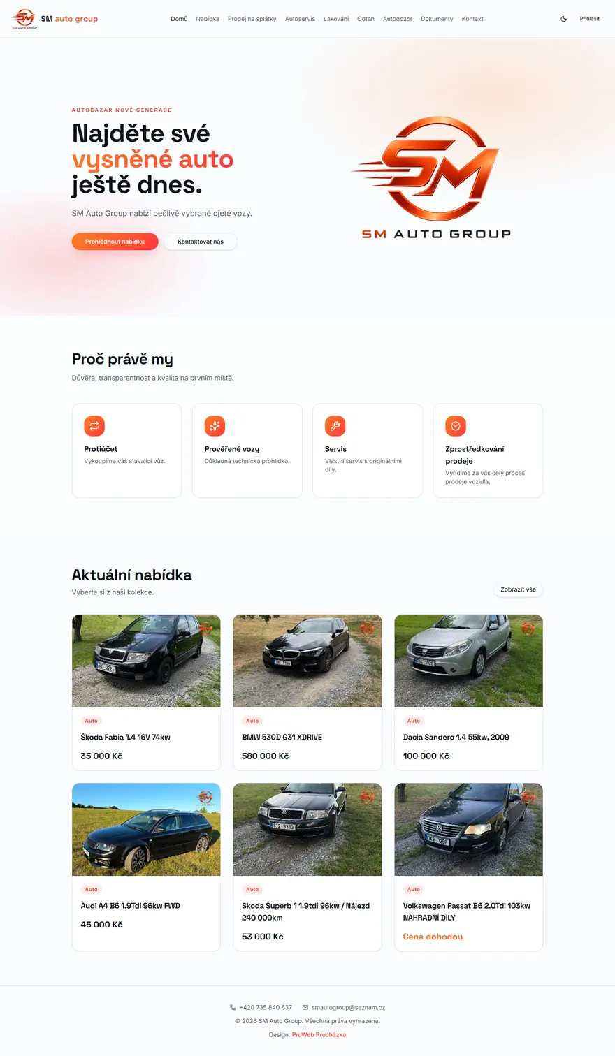 Web SM Auto Group na počítači: úvodní obrazovka, výhody a aktuální nabídka vozů